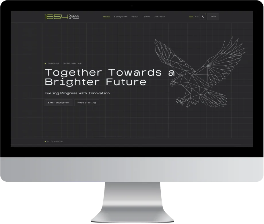 1654 Group website shown in its dark desktop presentation