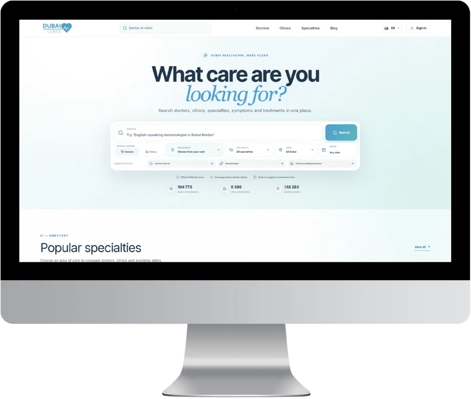 Dubai Clinics website shown on a desktop screen